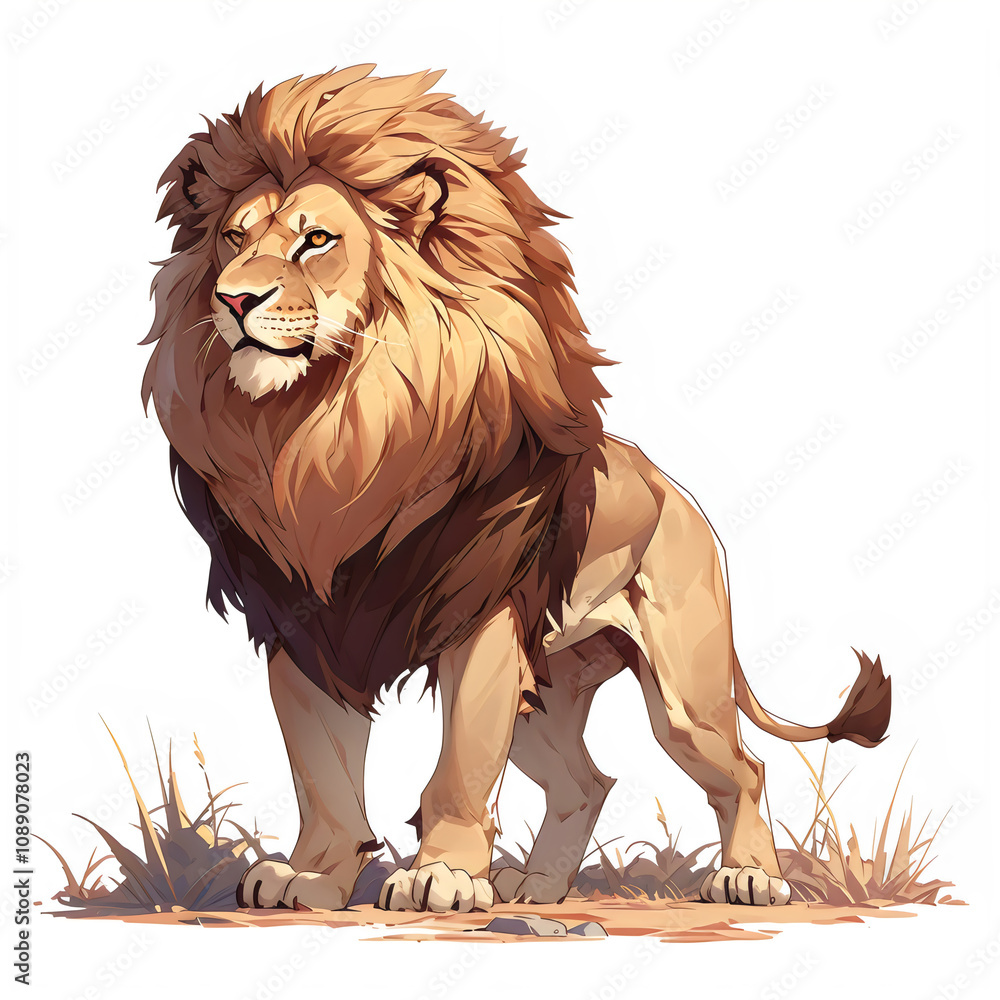 Obraz premium Illustration of a lion standing, isolated on a white background, design art, clip art image, Graphic logo, drawing clip art, Illustration painting, lion cartoon image
