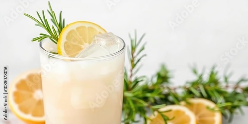 Freshly made Ecuadorian-style horchata poured into a glass filled with ice cubes topped with a slice of lemon and sprigs of fresh rosemary, fresh herbs, ecuadorian drink, glasses