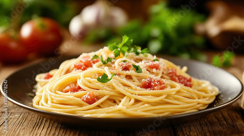 Photograph of spaghetti carbonara on a plate, set against a wooden background, 