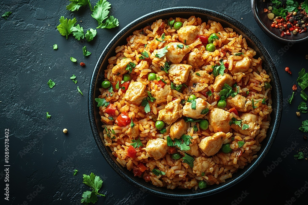 A bowl of rice with chicken and vegetables A bowl of rice with chicken and vegetables