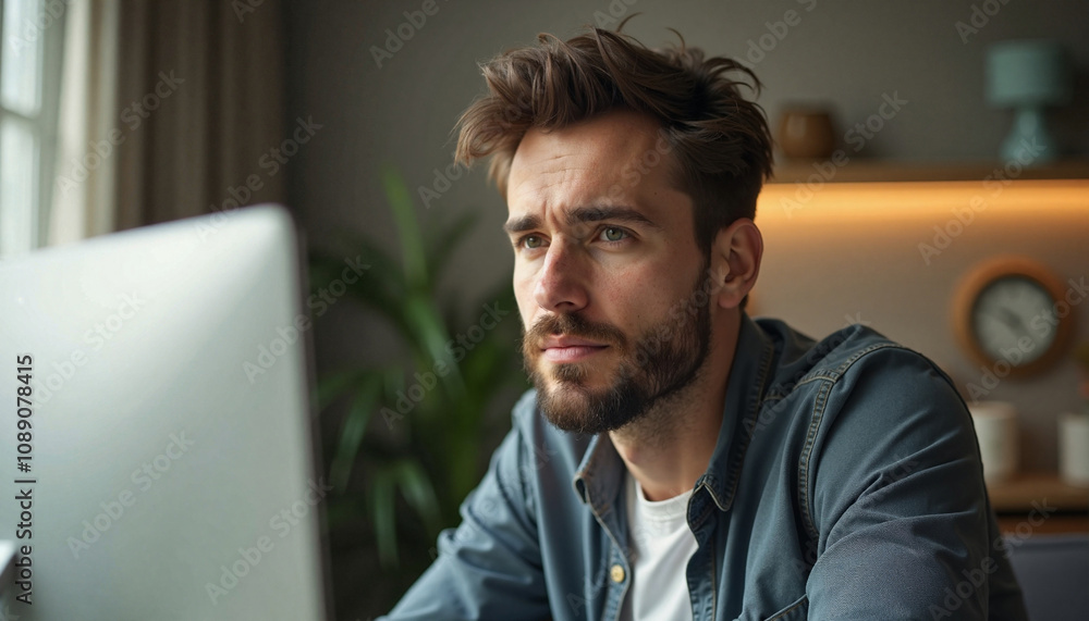 Bearded man with intense focus working on computer in cozy home office Bearded man with intense focus working on computer in cozy home office