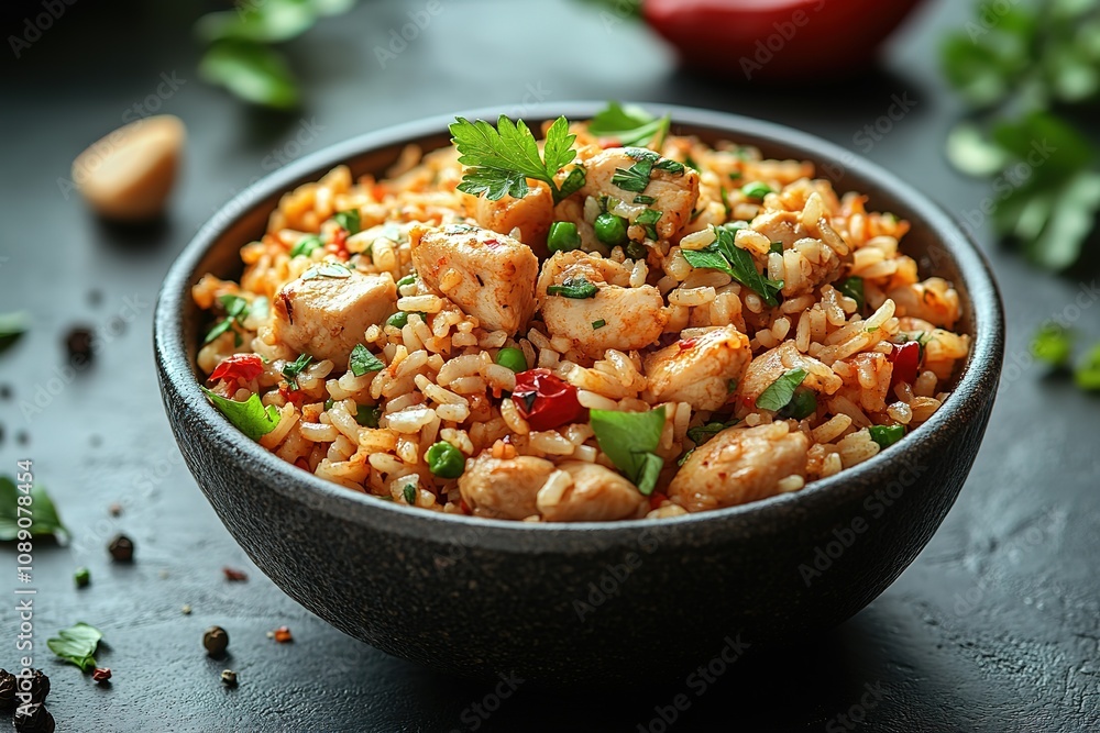 A bowl of rice with chicken and vegetables A bowl of rice with chicken and vegetables