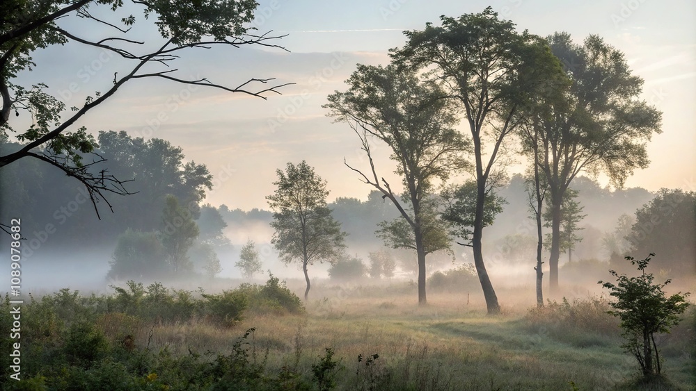 Misty Morning in the Woods soft light envelops misty woods scene, serene scene, natural ambiance Misty Morning in the Woods soft light envelops misty woods scene, serene scene, natural ambiance
