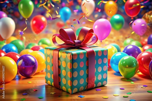 A Stunning Panoramic View of an Exquisite 3D Present Box Surrounded by Colorful Decorative Elements, Perfect for Celebrations and Gift-Giving Moments