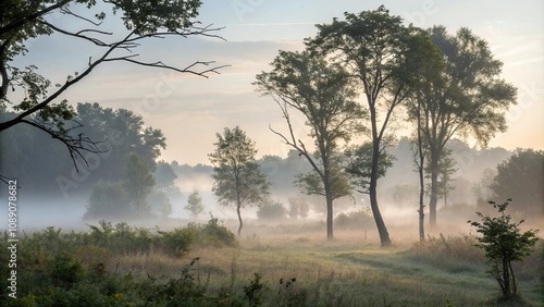 Wallpaper Mural Misty Morning in the Woods soft light envelops misty woods scene, serene scene, natural ambiance Torontodigital.ca