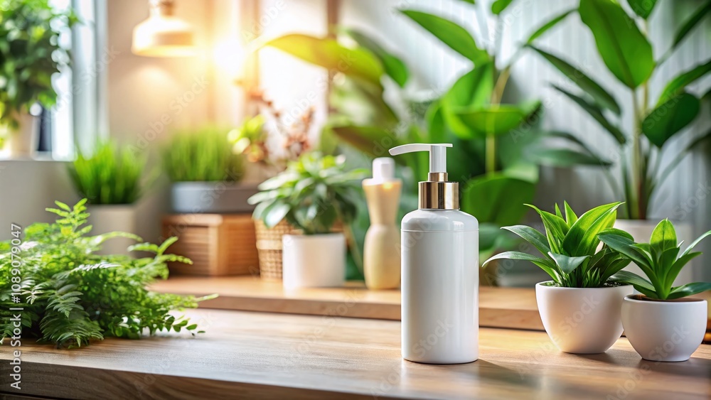 A Stylish Blank Cosmetic Bottle Surrounded by Lush Indoor Plants in a Serene Bathroom Setting with Ample Copy Space for Product Branding or Descriptions