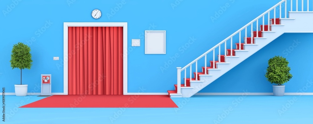 Fototapeta premium An empty hallway in a baroque palace with stairs, balustrade, columns, tall windows, red curtains, and carpet in a medieval castle.