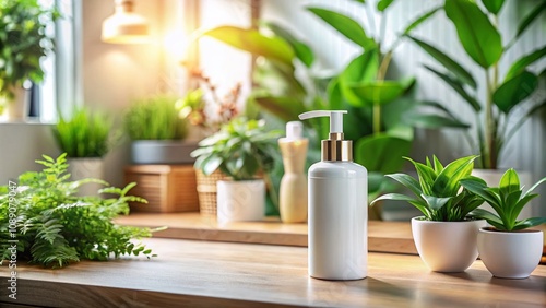 Wallpaper Mural A Stylish Blank Cosmetic Bottle Surrounded by Lush Indoor Plants in a Serene Bathroom Setting with Ample Copy Space for Product Branding or Descriptions Torontodigital.ca