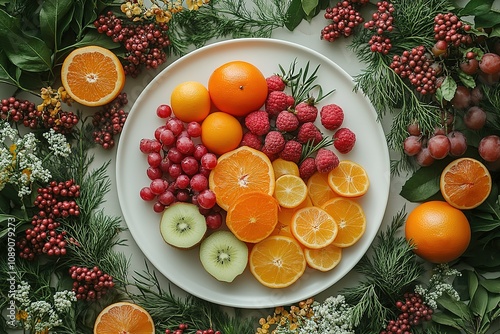 Fototapeta Naklejka Na Ścianę i Meble -  A white plate with a variety of fruits including oranges, kiwis, and grapes