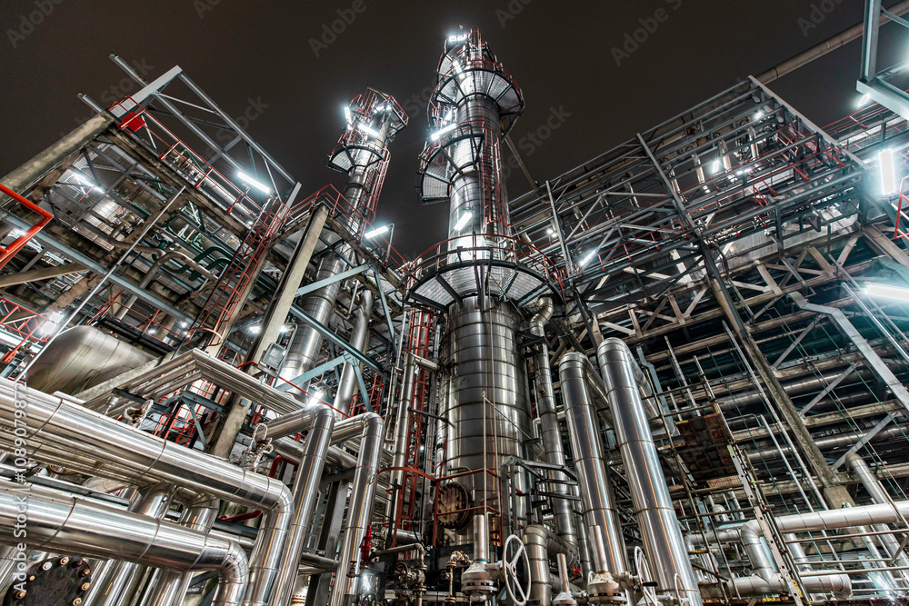 Obraz premium Oil refinery pipeline heavy plant from industry zone, night view oil and gas petrochemical