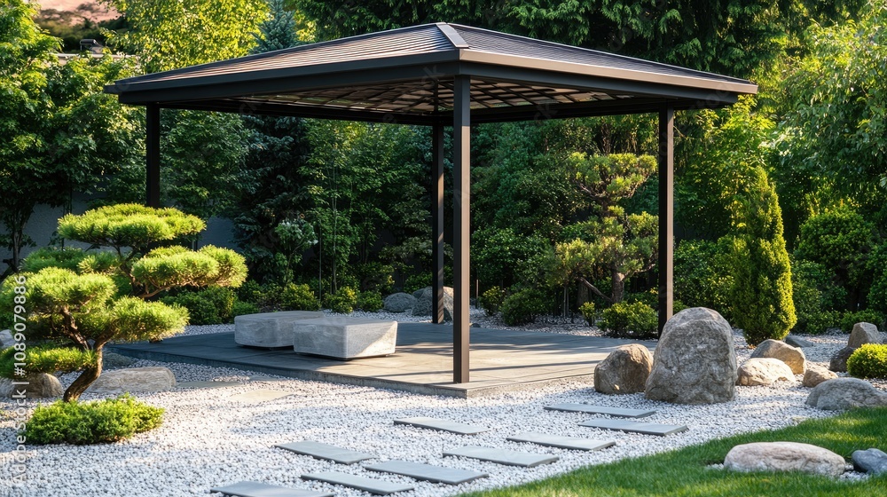 Square gazebo with sleek metal structure, in a zen garden with stones and bonsai trees Square gazebo with sleek metal structure, in a zen garden with stones and bonsai trees