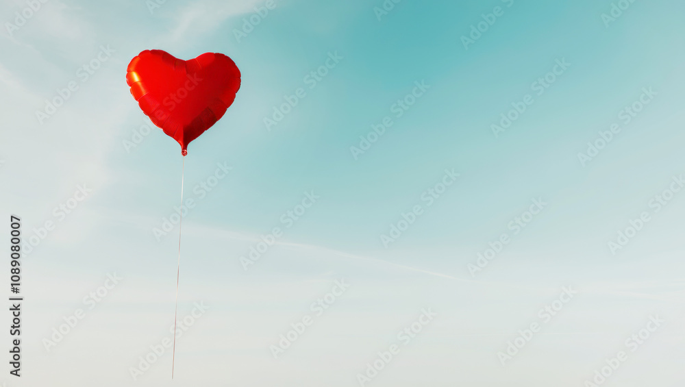 Single red heart balloon in a bright blue sky with empty space, for design, holiday cards and Valentine's Day invitations Single red heart balloon in a bright blue sky with empty space, for design, holiday cards and Valentine's Day invitations