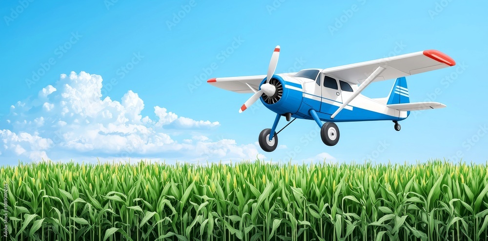 In blue cloudy skies, a crop duster machine sprays pesticides on a meadow. This is a cartoon illustration of an agricultural crop duster machine. In blue cloudy skies, a crop duster machine sprays pesticides on a meadow. This is a cartoon illustration of an agricultural crop duster machine.