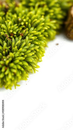 Close-up view of vibrant green moss, possibly Selaginella, photographed against a white background photo