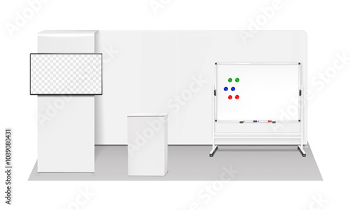 Trade show booth display kit mock-up. Expo tradeshow set template. Backdrop banner stand with LCD monitor, exhibition table counter, writing whiteboard with magnets and markers. 3d vector mockup