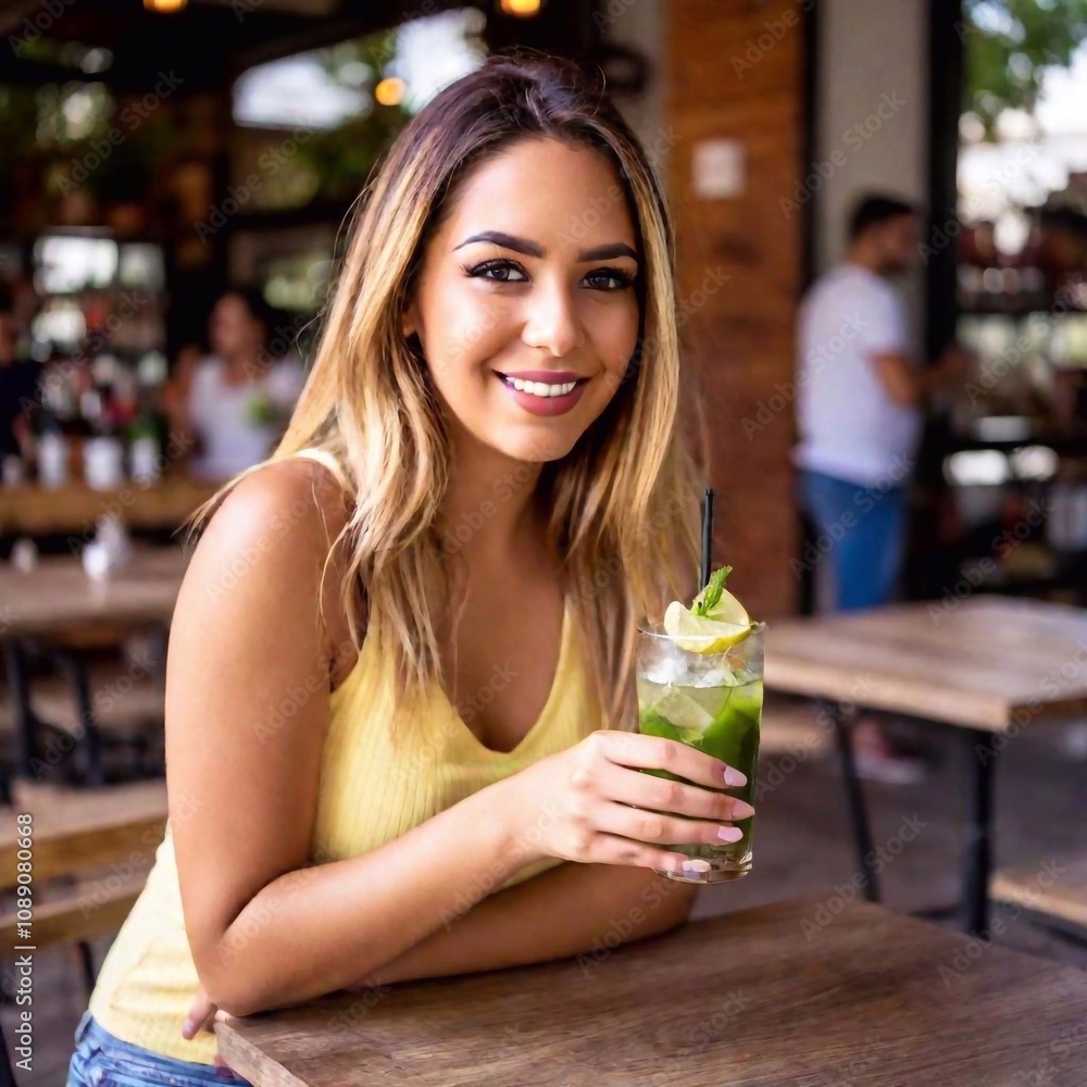 Fototapeta premium a beautiful blonde woman of 25 years old on the terrace of a bar drinking a mojito with friends including 1 black and 1 Arab