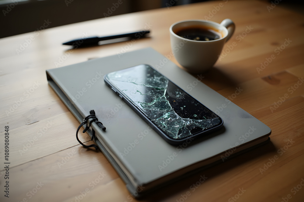 A broken smartphone screen lying next to a serene diary and a pen on the table, a soft accent on the diary, symbolizing the replacement of dependence on the screen, breaking bad habits A broken smartphone screen lying next to a serene diary and a pen on the table, a soft accent on the diary, symbolizing the replacement of dependence on the screen, breaking bad habits