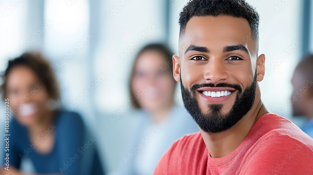 Naklejka premium Smiling Bearded Man in Casual Attire Collaborating with Coworkers in Bright Coworking Space