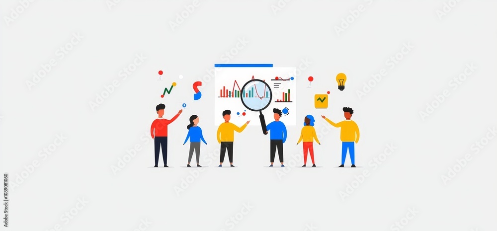 An office team works with SEO analytic data. Business analysis of search engine optimization in the Internet. A flat illustration of teamwork with graphs and charts. An office team works with SEO analytic data. Business analysis of search engine optimization in the Internet. A flat illustration of teamwork with graphs and charts.