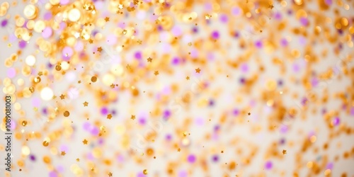 Gold and purple glitter confetti scattered in a dynamic pattern on a blurred background, hazy, pattern, glitter