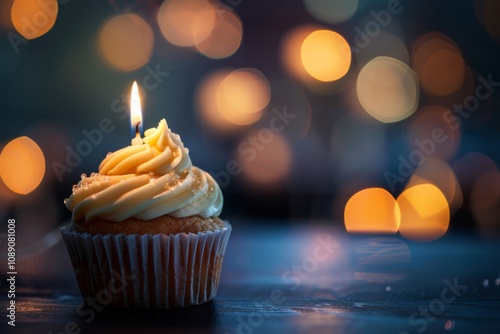 Close-Up of a Delicious Cupcake with a Lighted Candle on Top, Surrounded by Soft Glowing Bokeh Lights Creating a Celebratory Atmosphere