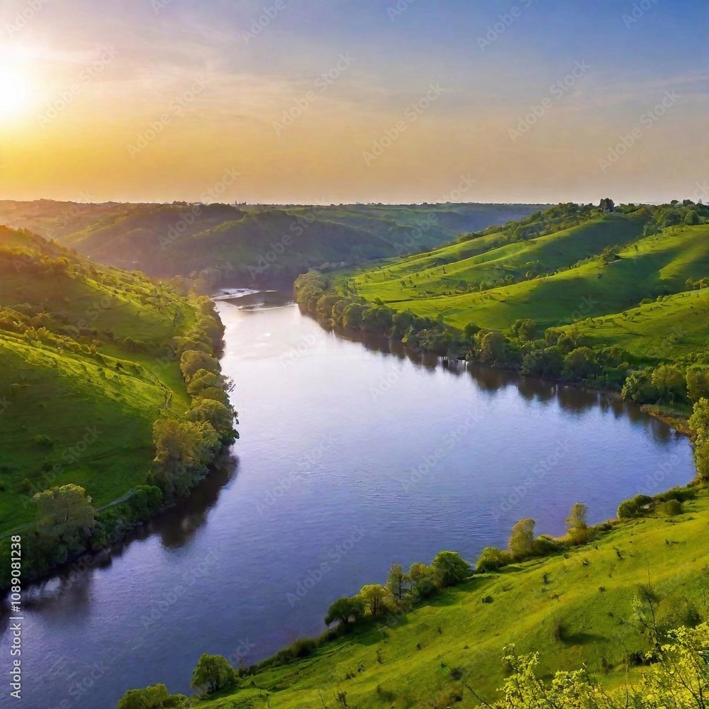 Naklejka premium beautiful summer landscape with a river and the river