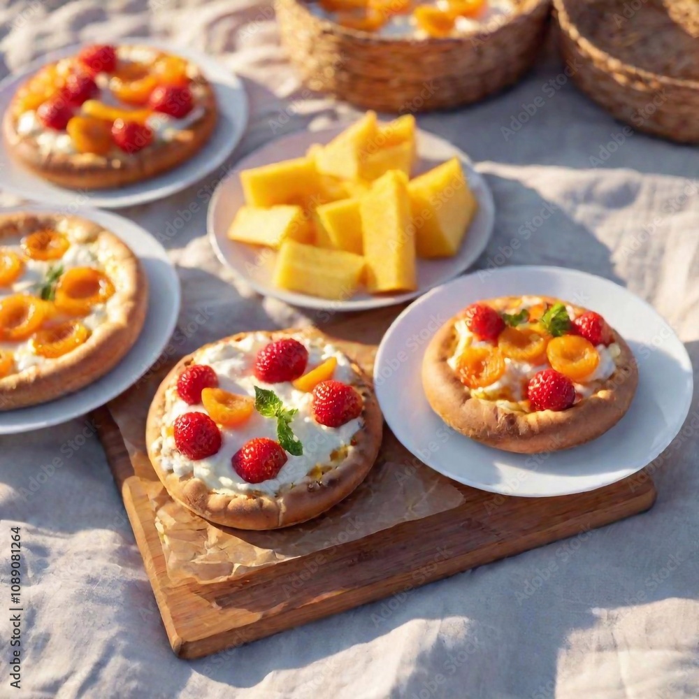 delicious cookies and fruits on a wooden table. summer breakfast. delicious cookies and fruits on a wooden table. summer breakfast.