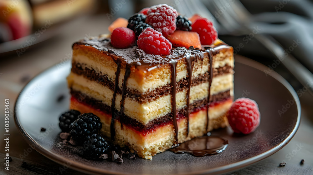 Delicious Layered Cake with Chocolate Drizzle and Fresh Berries Delicious Layered Cake with Chocolate Drizzle and Fresh Berries