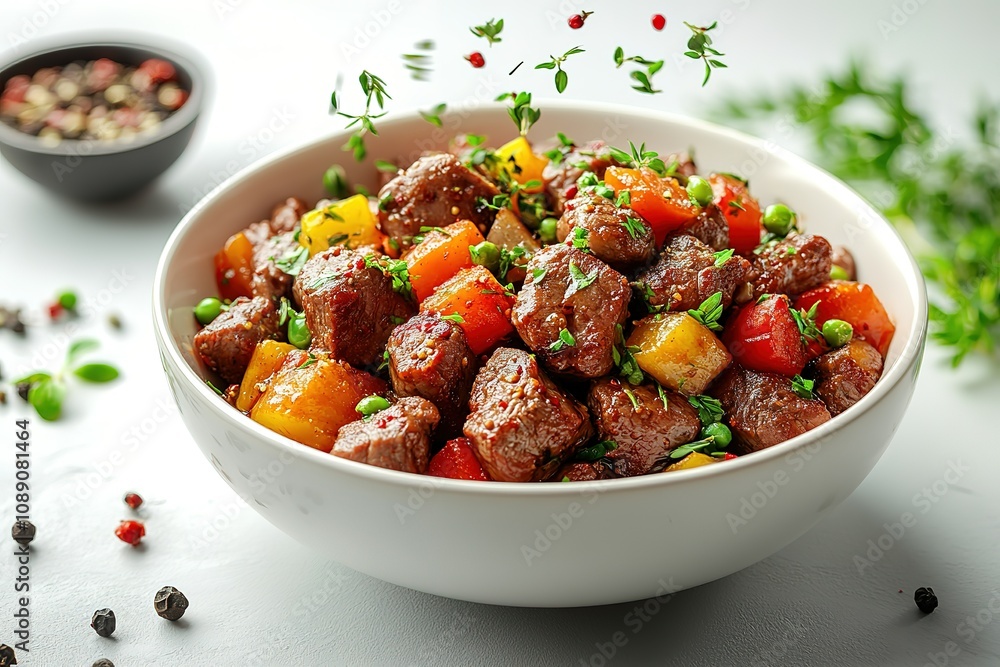 A bowl of meat and vegetables with a lot of seasoning A bowl of meat and vegetables with a lot of seasoning