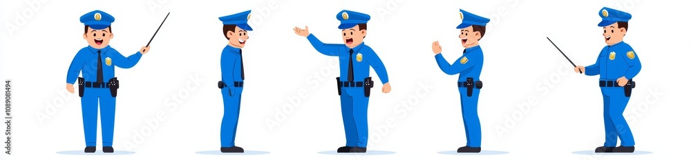 This flat illustration shows a policeman, police officer, or security guard in a blue uniform with a cap, baton and handcuffs. The cop holds a walkie talkie, points his gun and runs while writing a This flat illustration shows a policeman, police officer, or security guard in a blue uniform with a cap, baton and handcuffs. The cop holds a walkie talkie, points his gun and runs while writing a