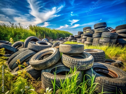 Abandoned Summer Tires Littering the Roadside: A Wasteful Scene of Environmental Neglect and Pollution in an Urban Area Captured in Striking Portrait Photography