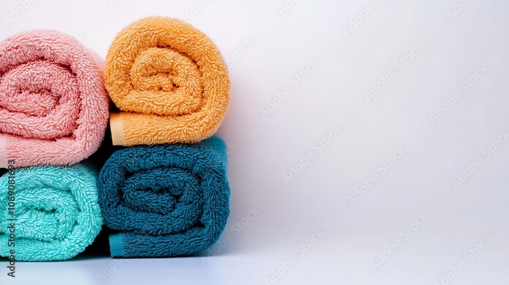 Neatly Rolled and Stacked Soft Towels on White Background Neatly Rolled and Stacked Soft Towels on White Background