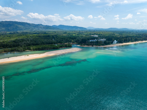 Beautiful sea beach summer landscape in high travel season in Thailand, Nature beach sea sunny sky background,High angle view seascape nature view