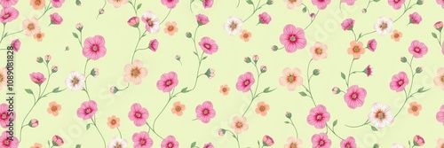 Wallpaper Mural Delicate pastel green background featuring a repeating seamless pattern of multicolored convolvulus flowers in various stages of bloom, nature-inspired art, botany, colorful flowers Torontodigital.ca