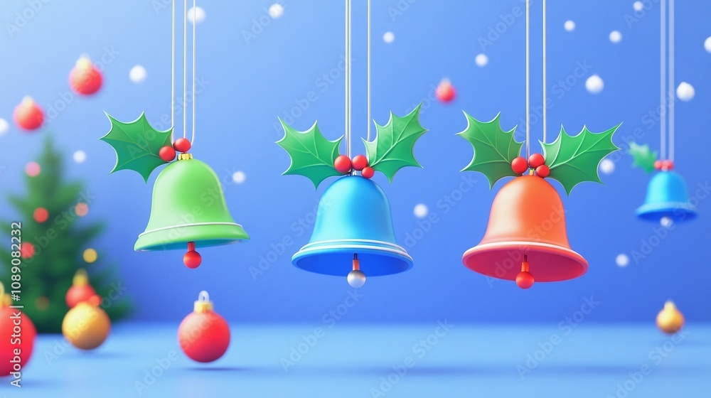 3D Decorative Bells with Holly Leaves on Transparent Background 3D Decorative Bells with Holly Leaves on Transparent Background