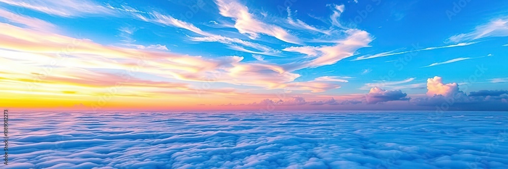 Fototapeta premium Vibrant hues of pink, orange, yellow, and purple dance across the horizon as wispy clouds drift lazily across a brilliant blue expanse, blue, clouds