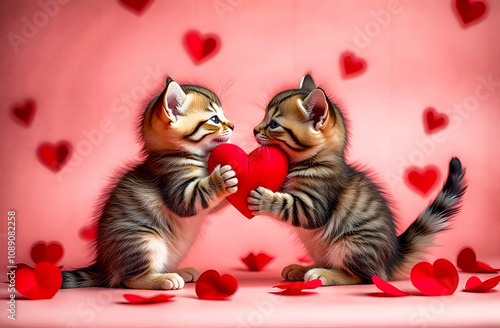 Two adorable kittens holding a heart surrounded by floating hearts on Valentine's Day celebrating love and affection with a cute pink backdrop photo