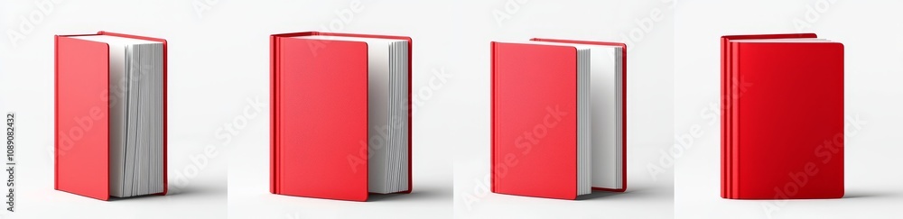 Book 3D rendering with red cover from different angles. Volume mockups with closed and open covers. Bestseller or textbook spine, front, and side positions. Book 3D rendering with red cover from different angles. Volume mockups with closed and open covers. Bestseller or textbook spine, front, and side positions.