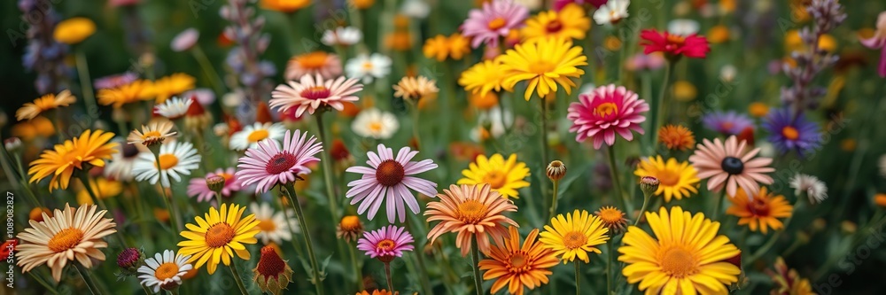 Close-up shot of a variety of colorful wildflowers in a flower-filled garden, bouquet, arrangement, colors Close-up shot of a variety of colorful wildflowers in a flower-filled garden, bouquet, arrangement, colors