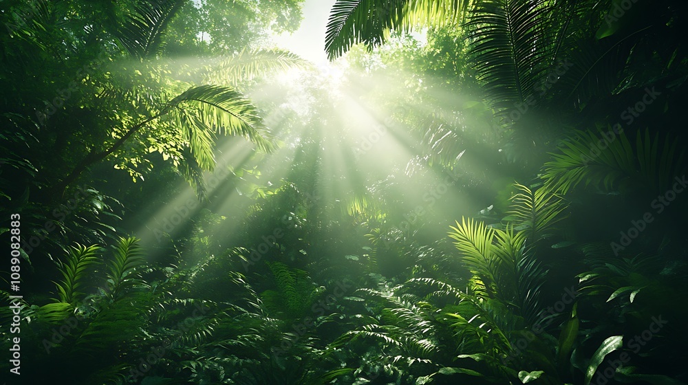 Obraz premium Sunlight Streaming Through Lush Green Forest Canopy