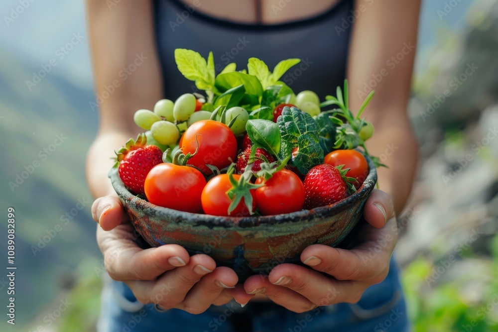 Fototapeta premium hands holding a rustic bowl filled with fresh fruits, vegetables, and herbs outdoors, concept of organic farming, healthy eating, and nature, for eco-friendly lifestyle campaigns
