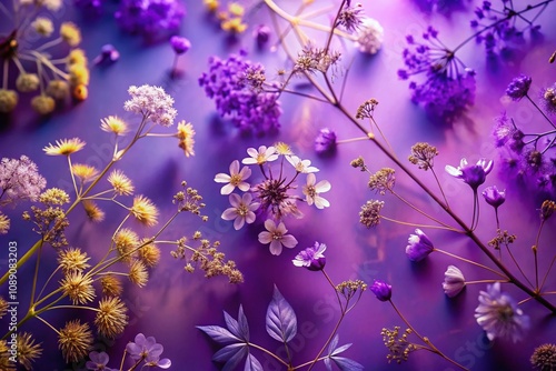 Abstract Botanical Prints on a Violet Background with Floating Small Flowers in Loop Motion - Enchanting Nature Ornament in Vertical Video Format