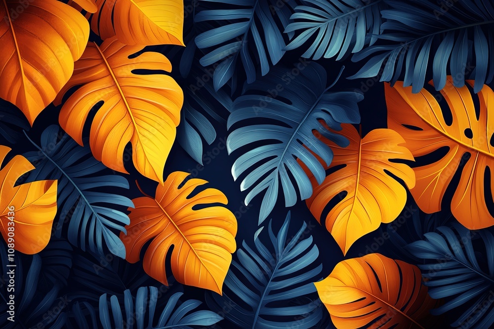 A colorful background of leaves with a blue and orange leaf in the foreground A colorful background of leaves with a blue and orange leaf in the foreground