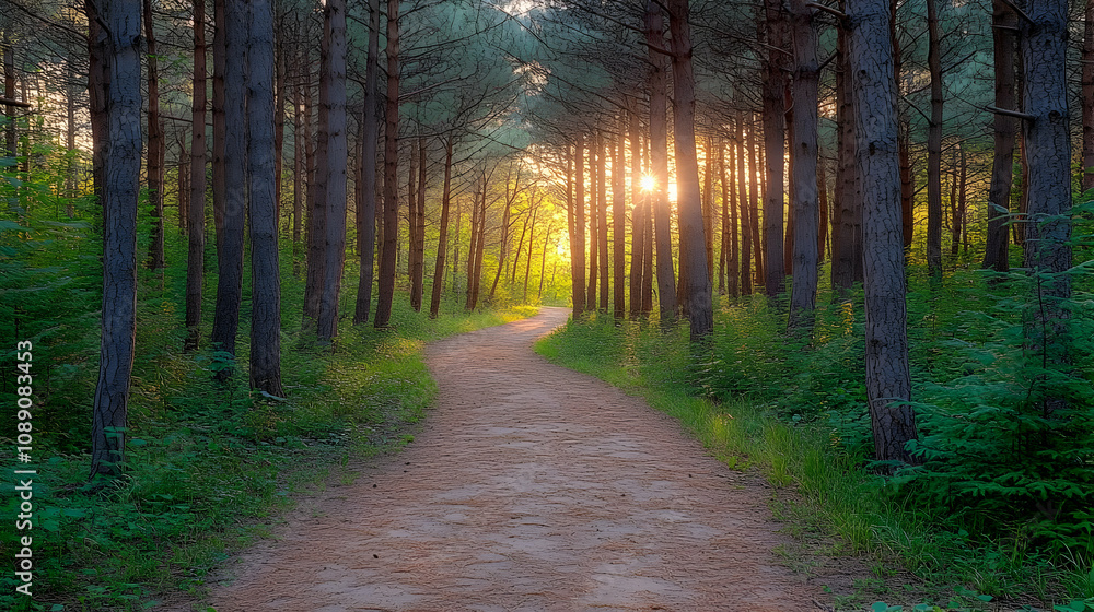 Fototapeta premium Sunbeams Through Trees On Forest Path Realistic Image