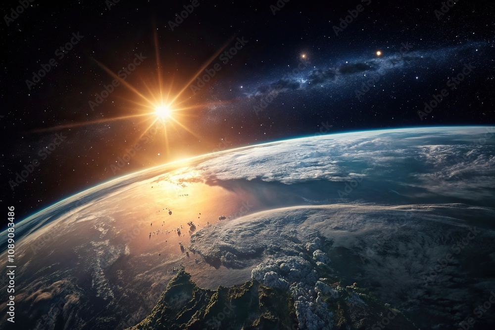 A beautiful and serene representation of the sun rising over the surface of a peaceful planet in outer space, cosmic scene, planetary illumination, solar rise effect, sunrise planet earth A beautiful and serene representation of the sun rising over the surface of a peaceful planet in outer space, cosmic scene, planetary illumination, solar rise effect, sunrise planet earth