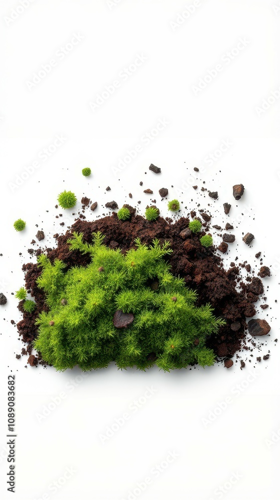 Lush green moss thrives amidst dark soil and small rocks, a vibrant testament to nature's resilience Lush green moss thrives amidst dark soil and small rocks, a vibrant testament to nature's resilience