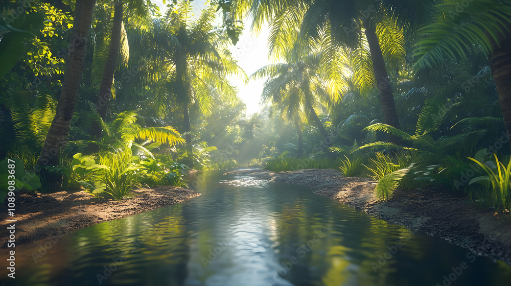 Fototapeta premium Jungle River 3D Illustration - Lush Foliage, Tranquil Water, Sunlight