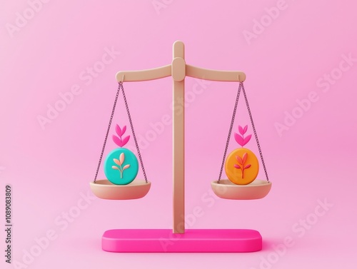 A colorful balance scale with flowers on either side, set against a pink background, symbolizing harmony and equality. self improvement balance concept. photo