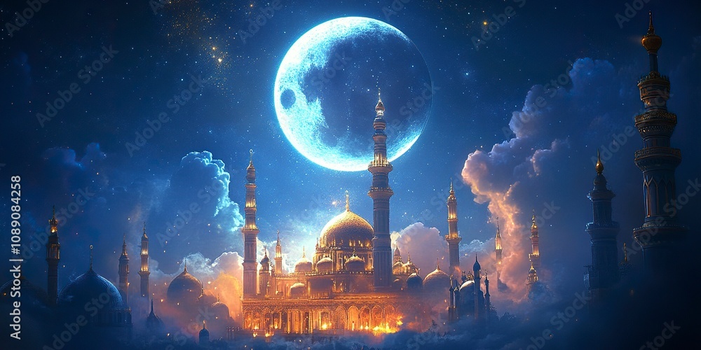 Create a mesmerizing scene for Eid, featuring a glowing magical moon in the night sky that casts a mystical light over a grand mosque with intricate Islamic architecture. ,generative ai Create a mesmerizing scene for Eid, featuring a glowing magical moon in the night sky that casts a mystical light over a grand mosque with intricate Islamic architecture. ,generative ai