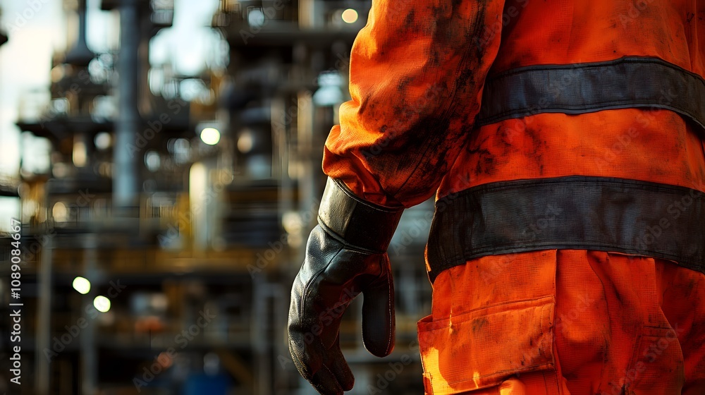 Close-up of flame-resistant jackets and gloves used by oil and gas workers in a petrochemical refinery Close-up of flame-resistant jackets and gloves used by oil and gas workers in a petrochemical refinery